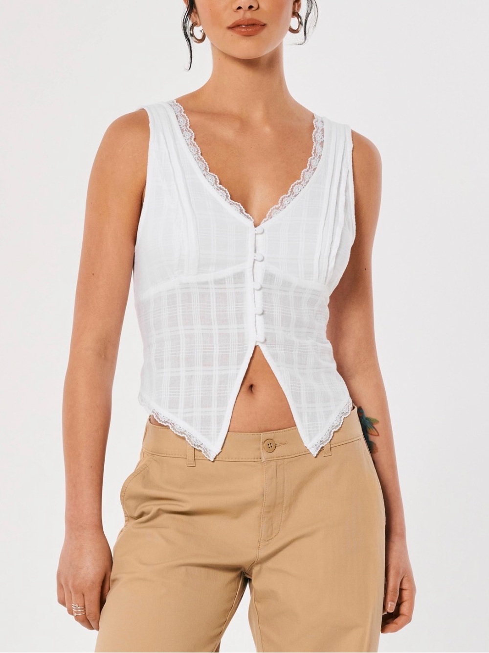 White Lace-Trim V-Neck Button Front Tank Top